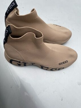 GUESS Men’s Beige Knit Sock Sneakers with Logo Accents